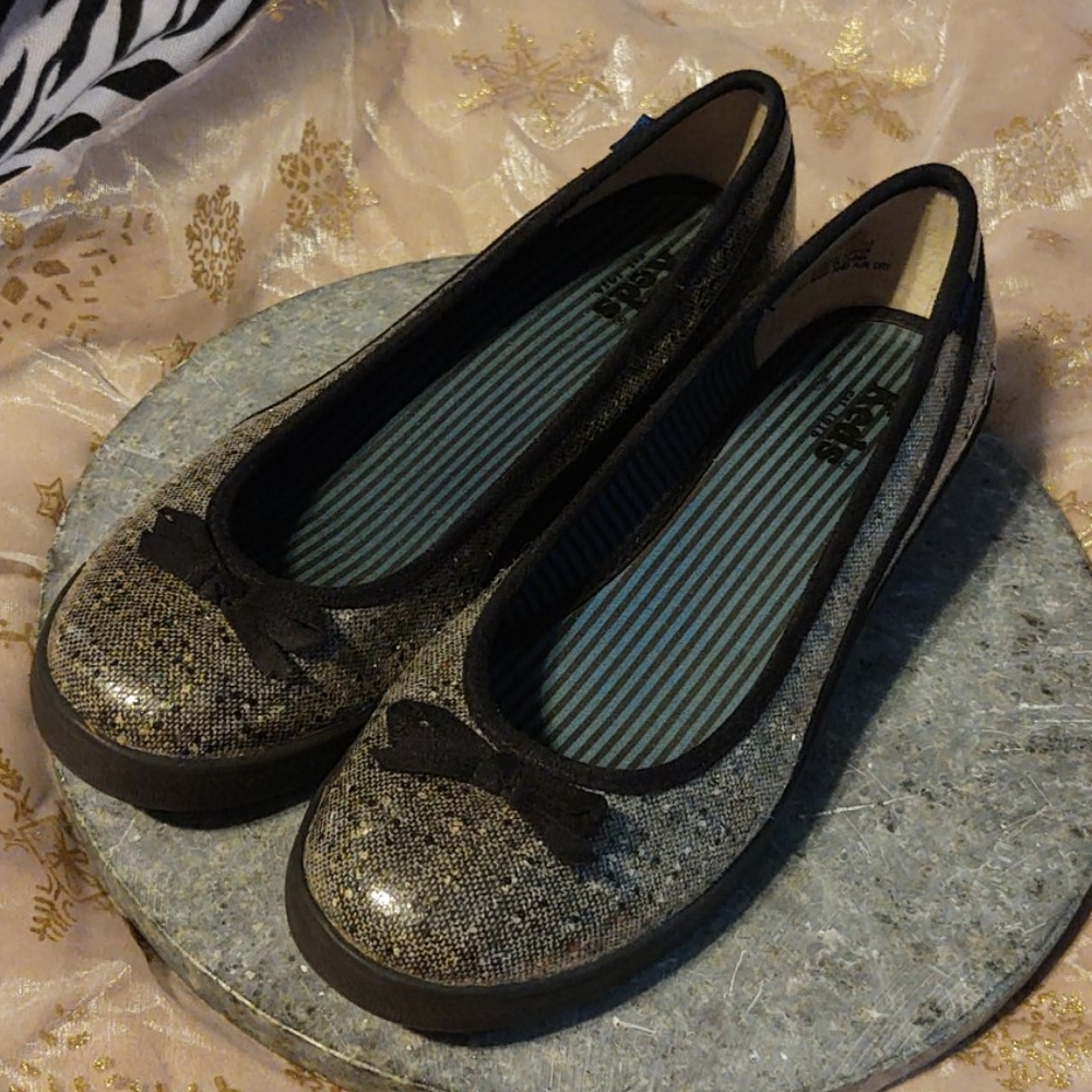 KEDS "Vintage" Coated Tweed Wedge Flats Grey 8